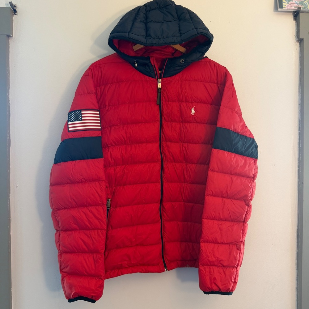 Polo Ralph Lauren Mens XL Red Down Puffer Jacket USA Flag Patch Hooded